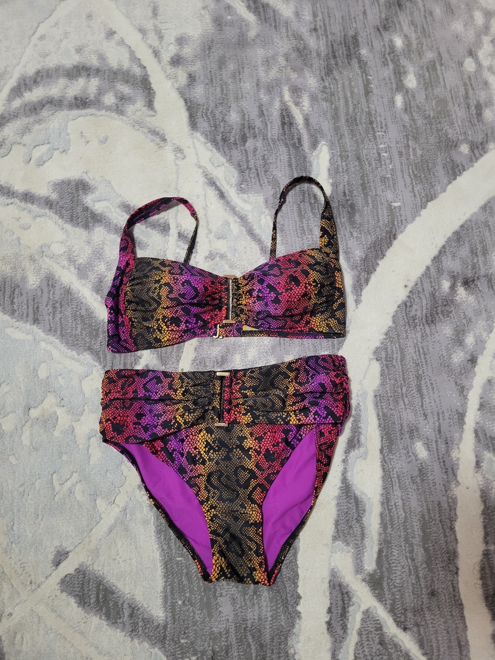 Snake-Print Two-Piece Bikini in Purple, Pink & Gold Size L